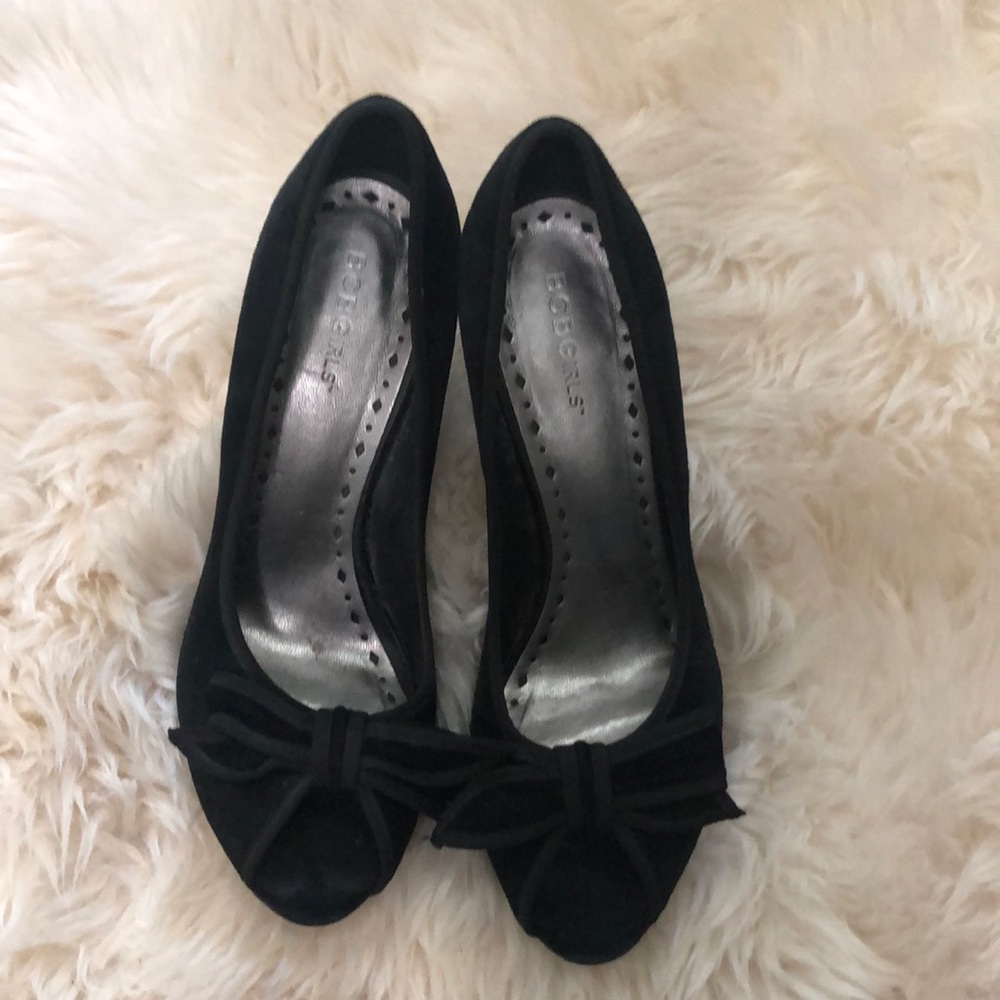 Black suede BCBG girls open toe pumps